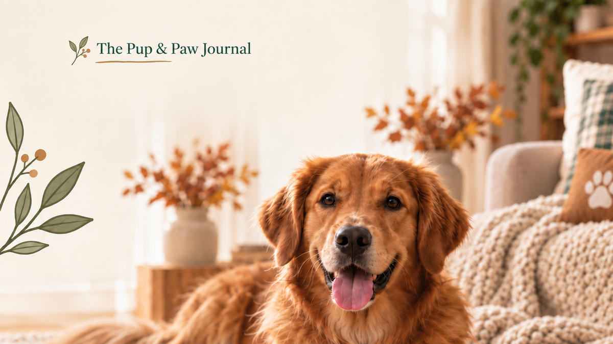 A relaxed golden retriever in a cozy fall living room with a knit blanket - The Pup & Paw Journal dog enrichment guide