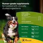 Bottle of Rooted Owl Pet Supplements Spirulina and Chlorella tablets for cats and dogs, with fresh green spirulina and chlorella algae.