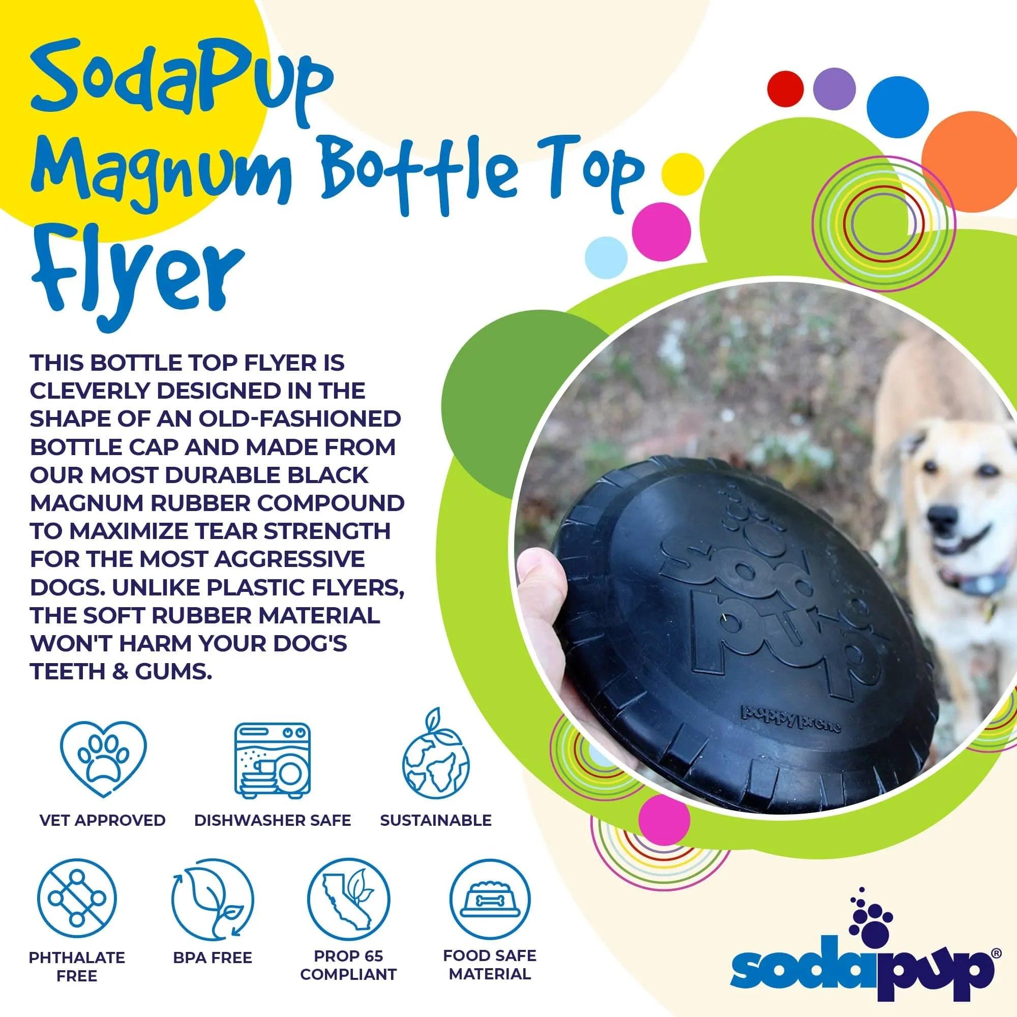 Black SodaPup rubber dog frisbee, large Magnum bottle top flyer for heavy chewers, USA-made durable dog toy.