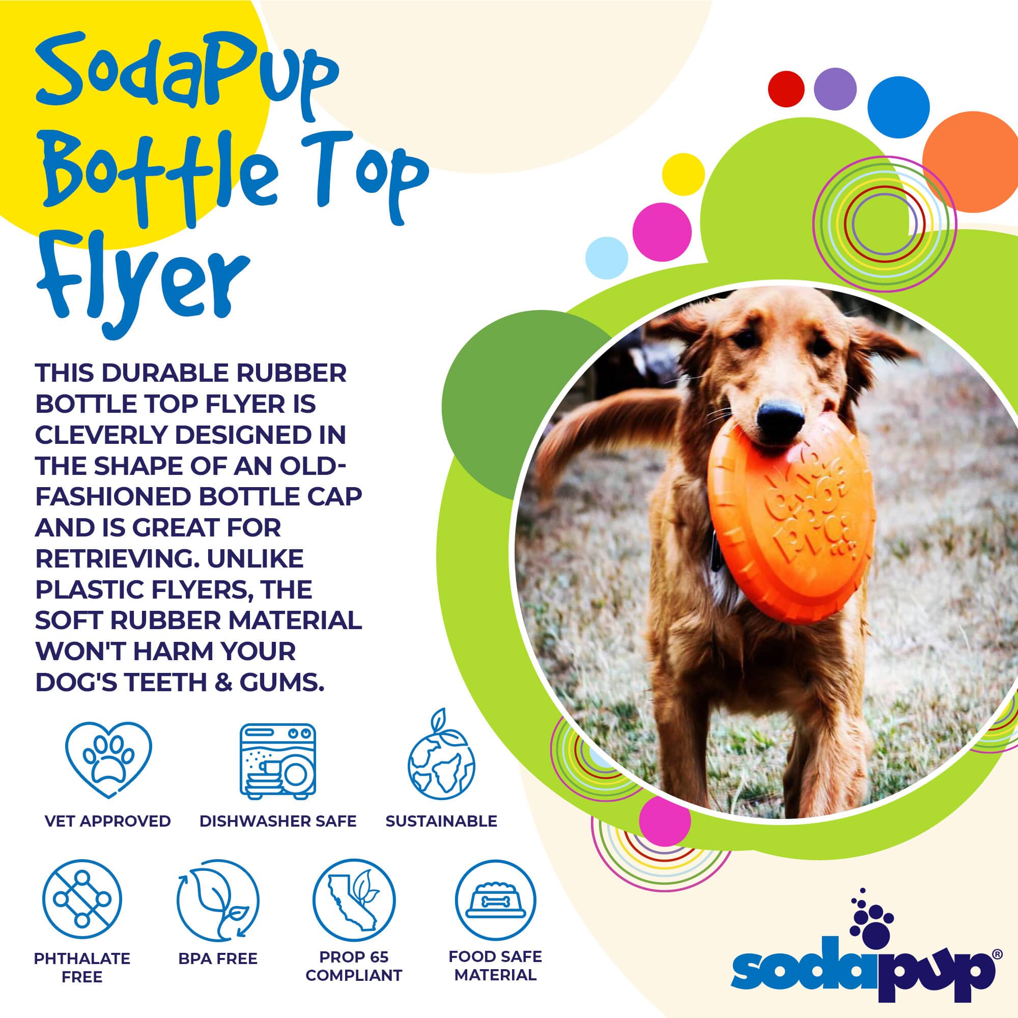 Orange SodaPup rubber frisbee dog toy, bottle top flyer style, durable and vet approved for outdoor play, USA made.