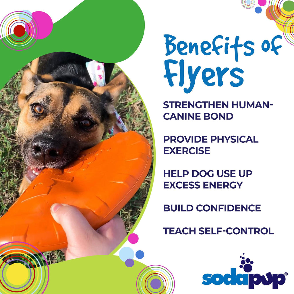 Orange SodaPup rubber Flyer frisbee for dogs, vet approved, durable, soft, and lightweight, designed for outdoor play.