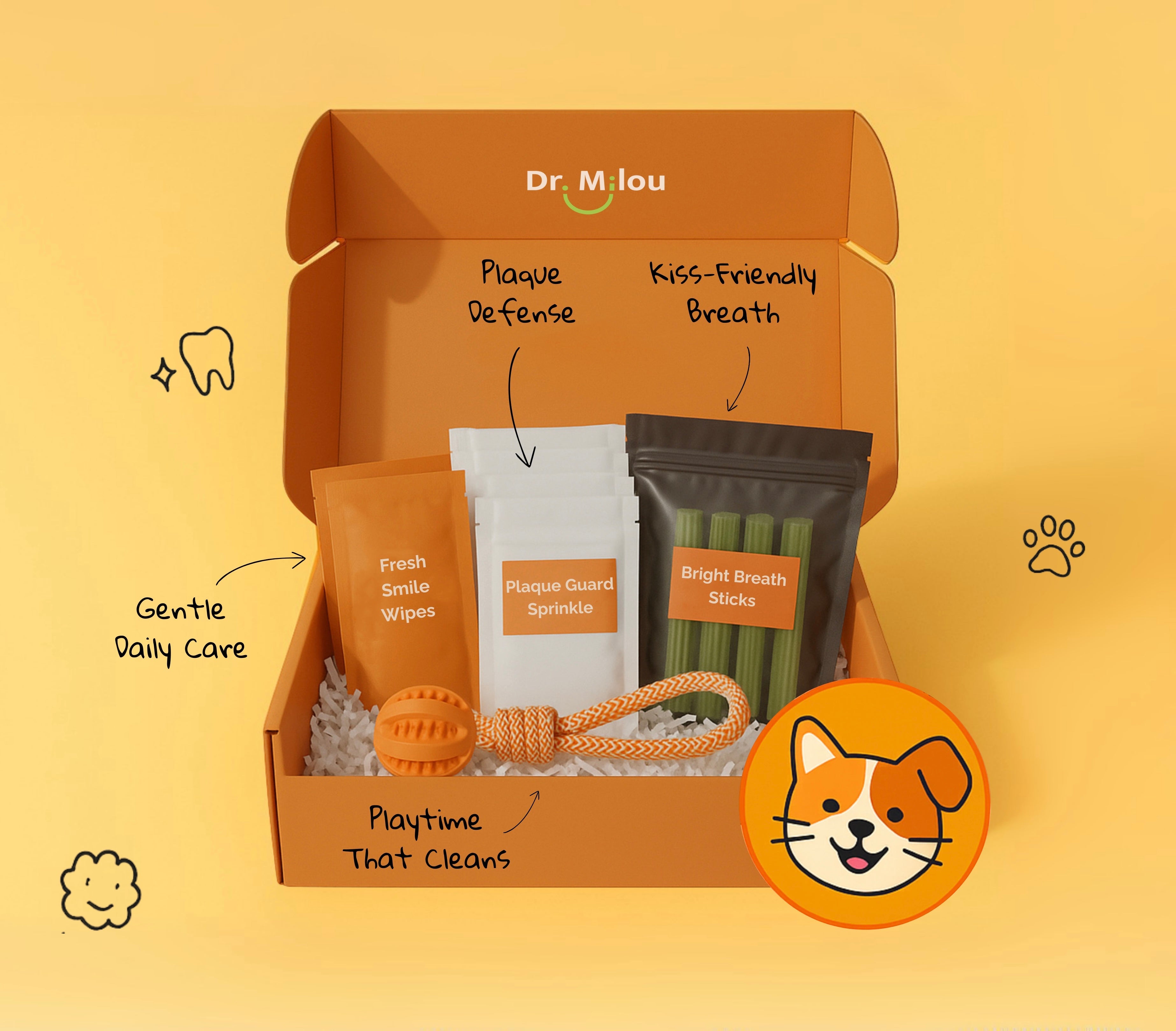 Dr. Milou Everyday Essentials Pet Dental Care Kit with toothbrushes and dental treats for dogs and cats.