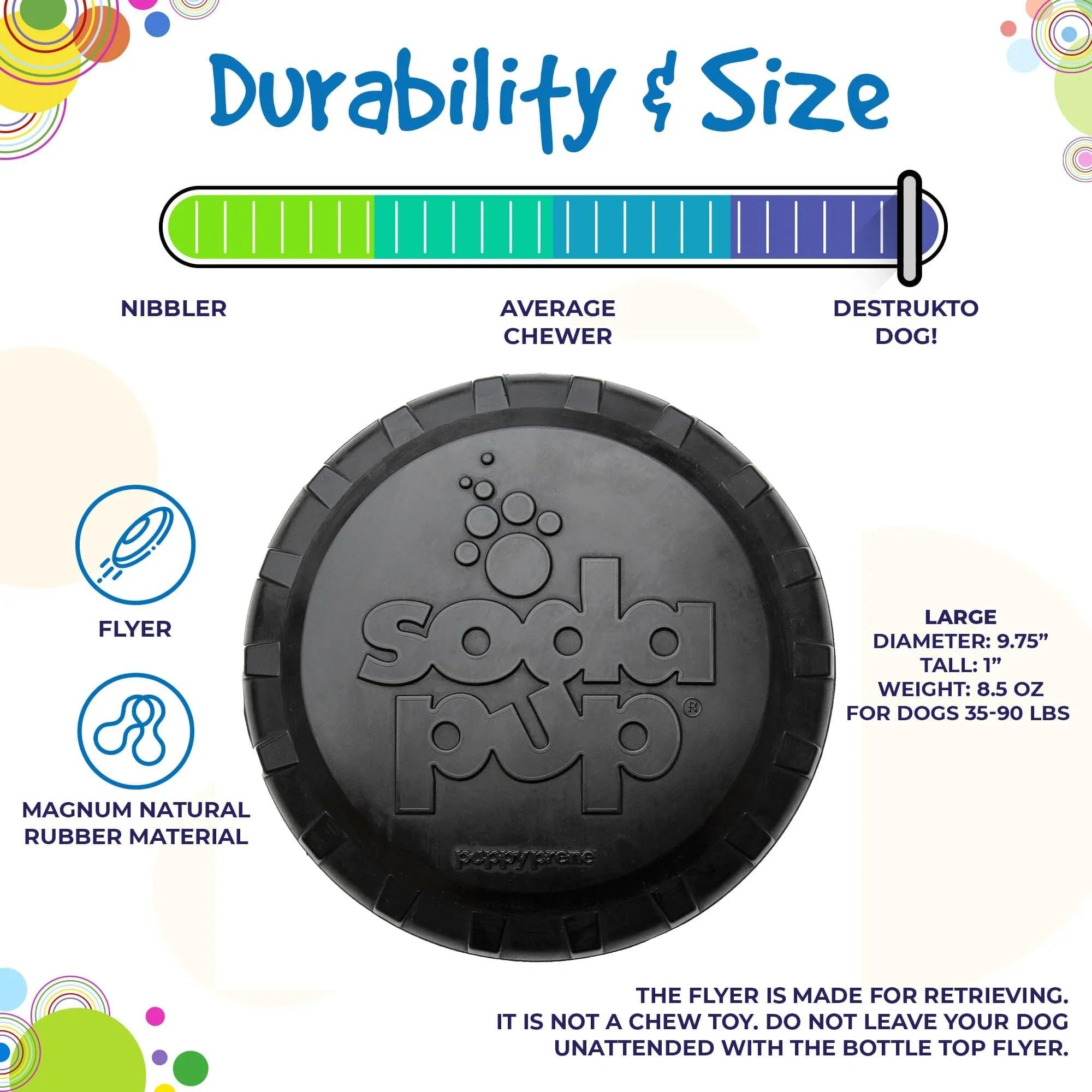 Black rubber Frisbee toy for dogs, large size, durable sodaPup Bottle Top Flyer perfect for heavy chewers, USA made dog toy