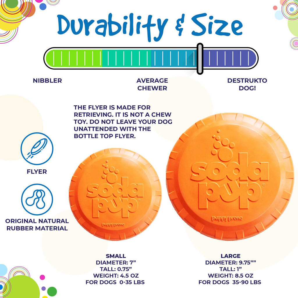 Orange rubber dog frisbee from SodaPup, durable Bottle Top Flyer toy, vet-approved, made in the USA, designed for interactive play.
