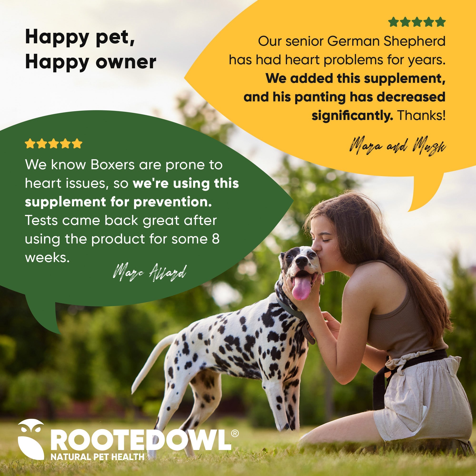 Dog supplement container labeled Cardio Support by Rooted Owl Pet Supplements, designed to promote canine heart health.
