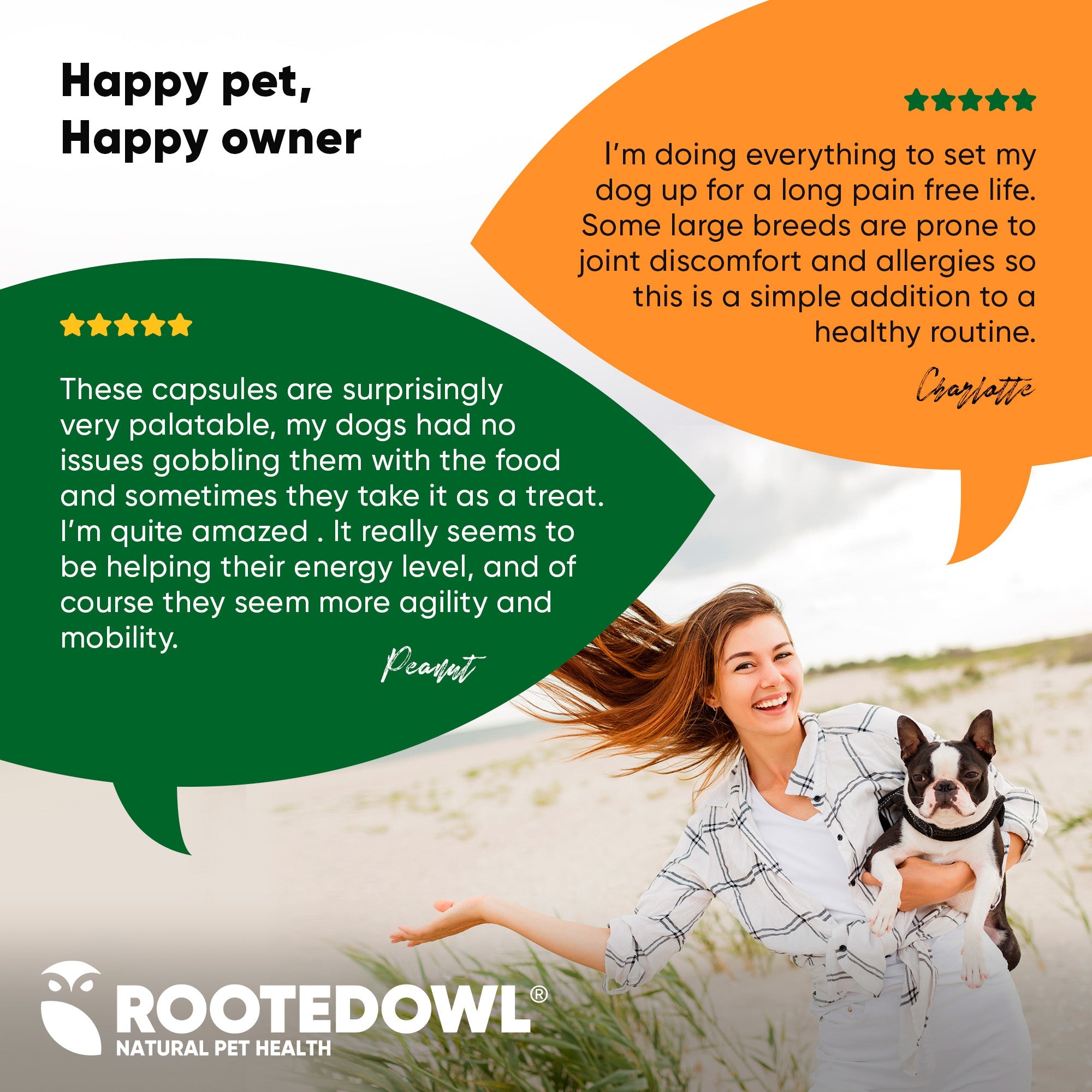 Container of Rooted Owl Pet Supplements turmeric powder for cats and dogs, shown in a clear jar with turmeric roots and powder.