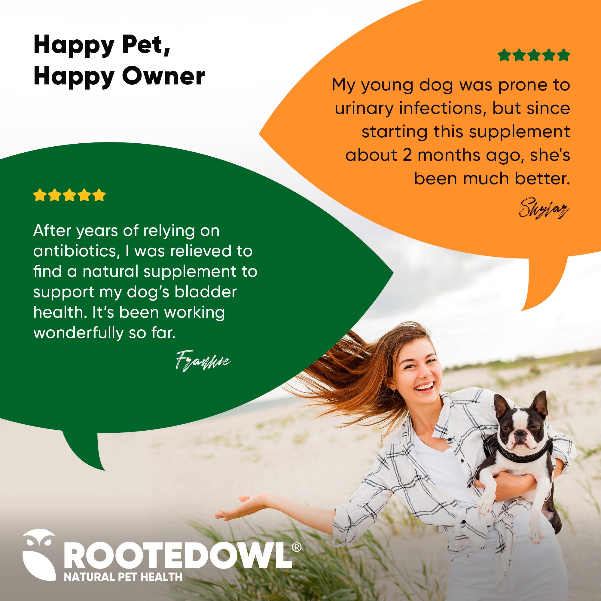 Dog urinary support supplement by Rooted Owl Pet Supplements in a clear container with label showing product details.