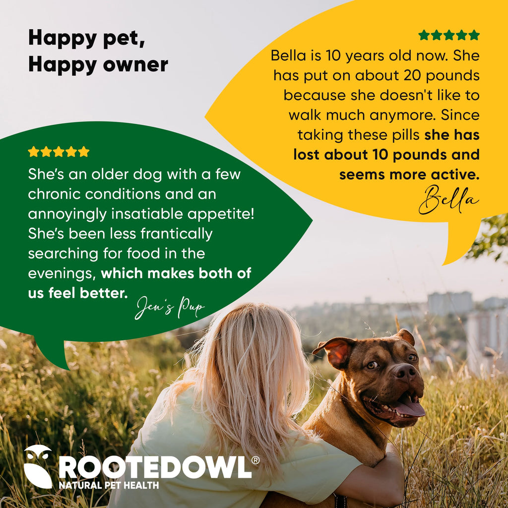 Rooted Owl Pet Supplements weight management supplement for cats and dogs shown in a clear container with natural ingredients.