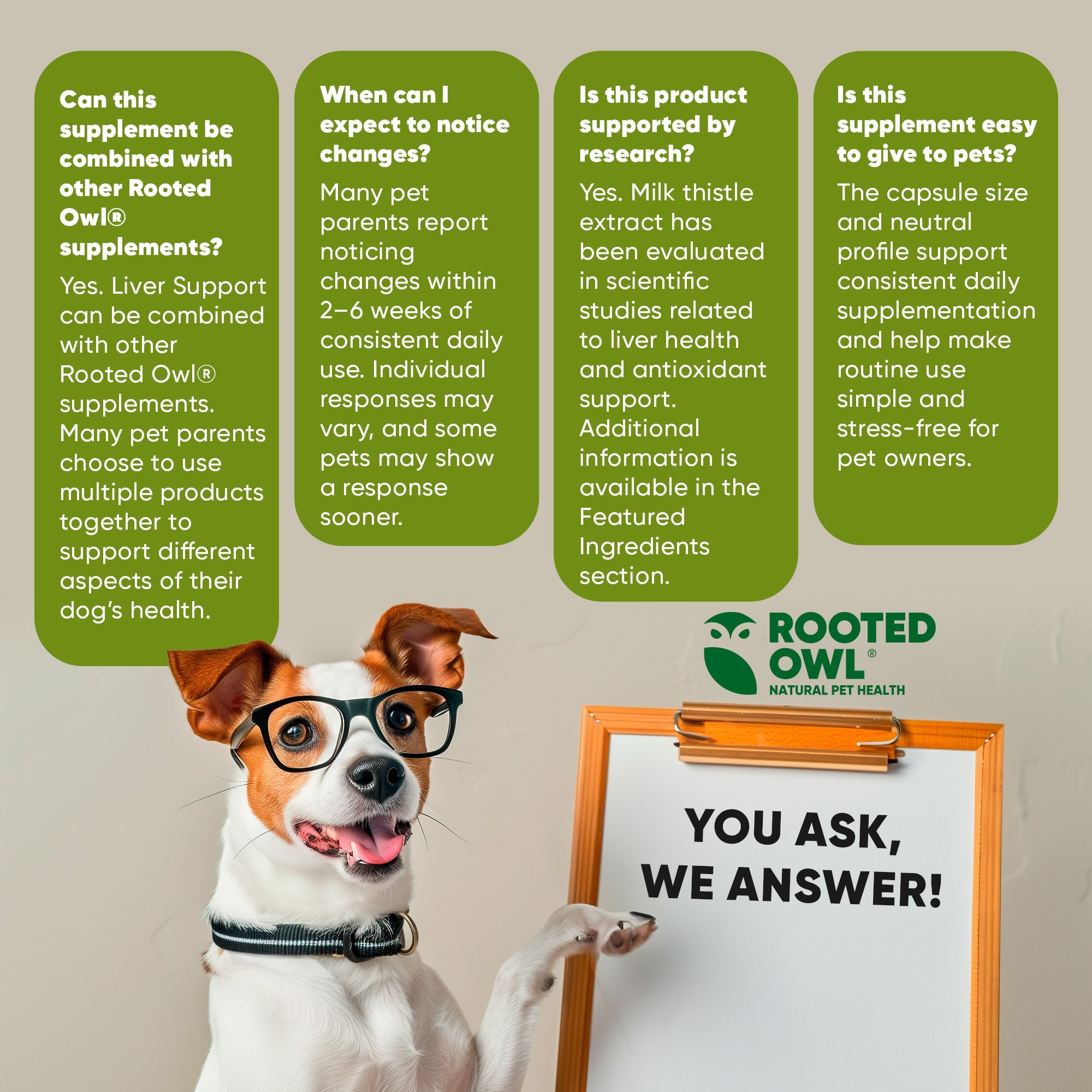 Dog liver support supplement from Rooted Owl Pet Supplements, featuring a container with label and dog-friendly packaging.