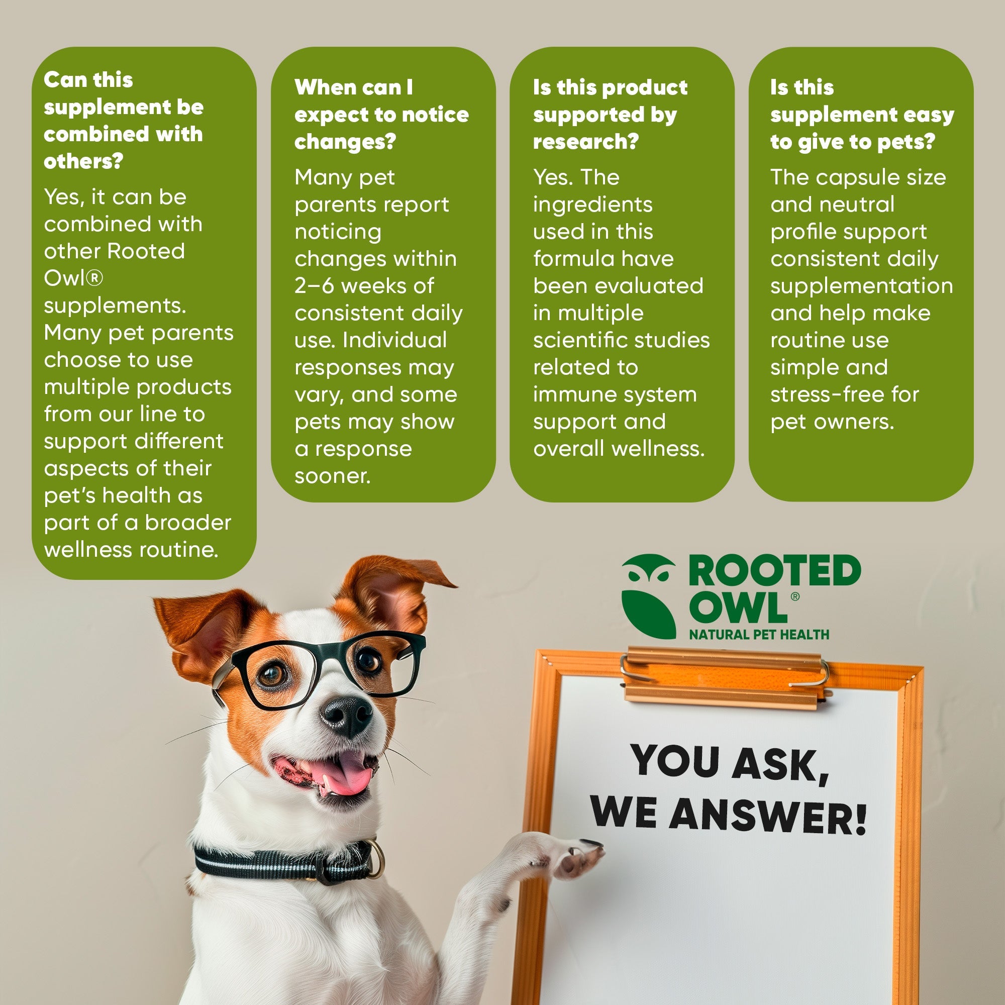 Bottle of Rooted Owl Pet Supplements Natural Immunity for cats and dogs, featuring natural ingredients in a clear container.