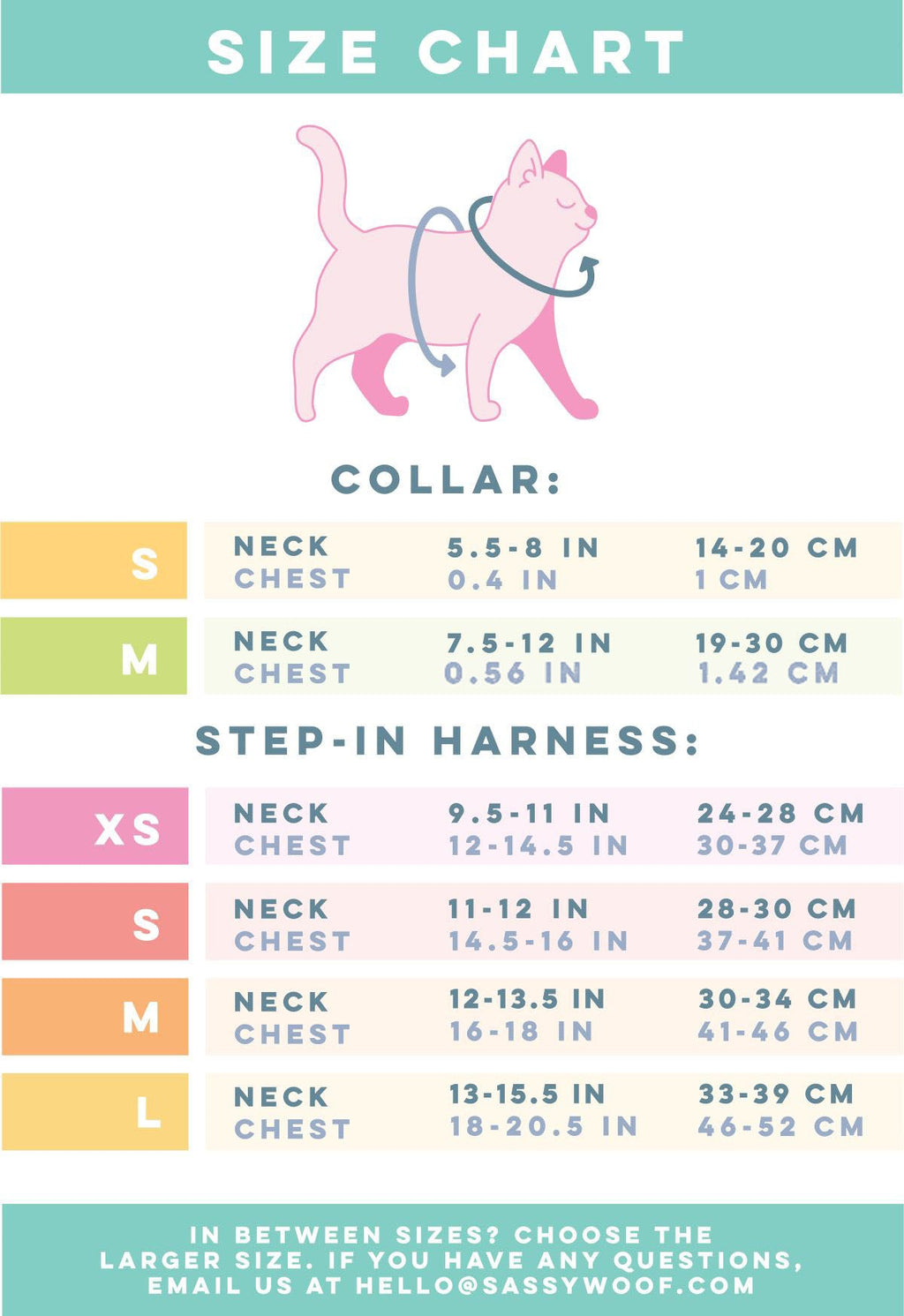 Sassy Woof Hello Kitty® red cat harness and collar bundle with size chart, featuring step-in harness for small to large cats.