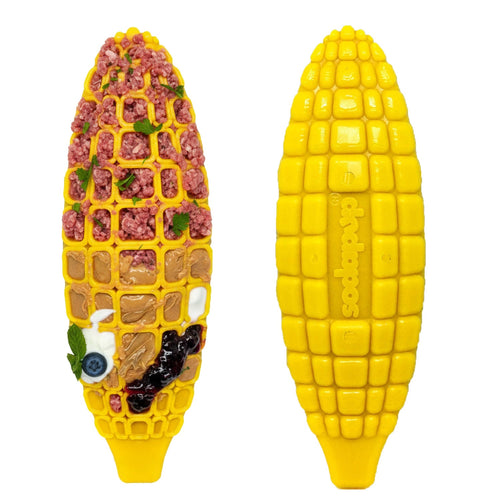 Nylon dog toy shaped like corn on the cob from SodaPup, designed for aggressive chewers, with visible textured surface and colorful details.