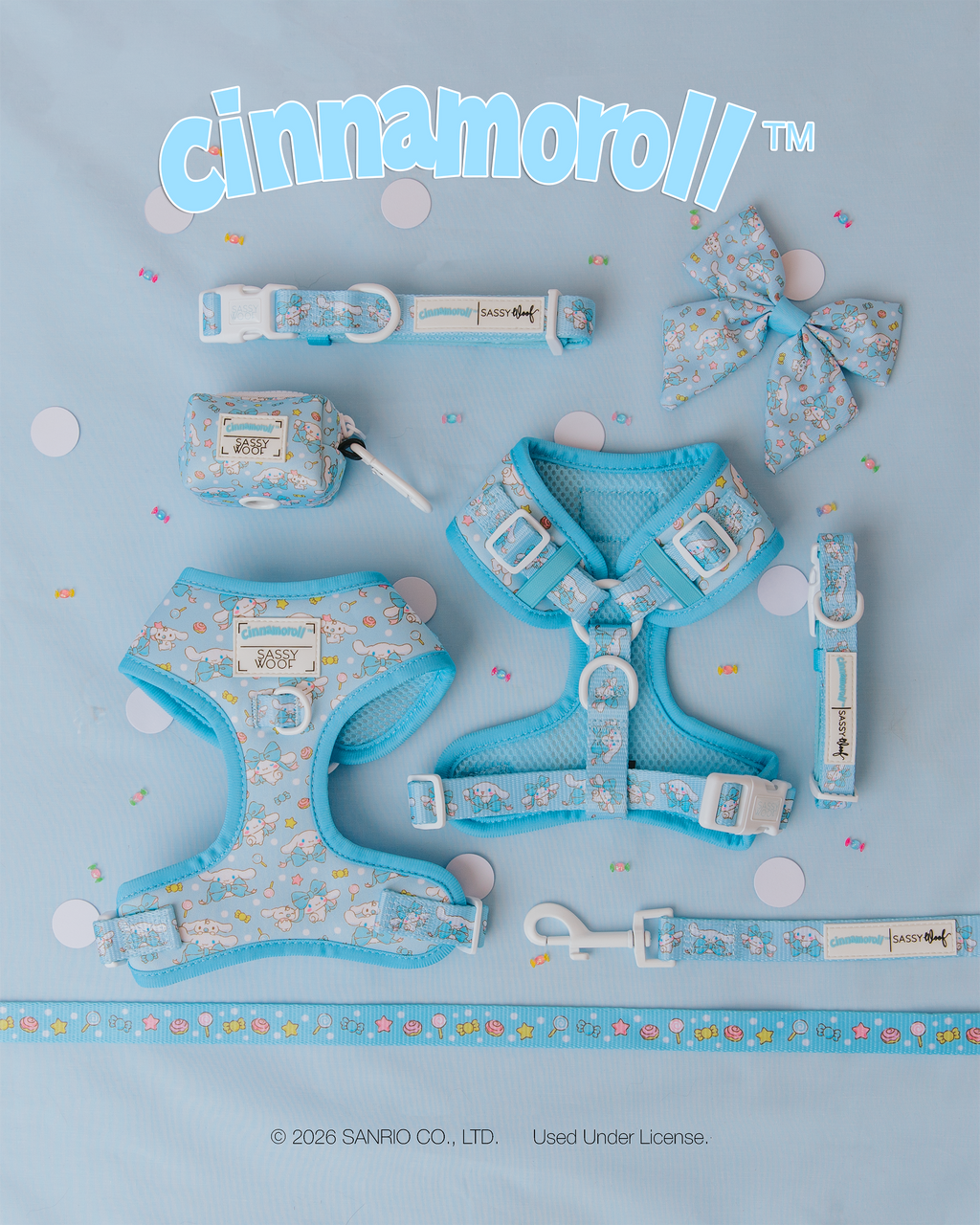 Sassy Woof Dog Collar featuring Cinnamoroll™ logo, soft fabric with cute Cinnamoroll character design for pets.