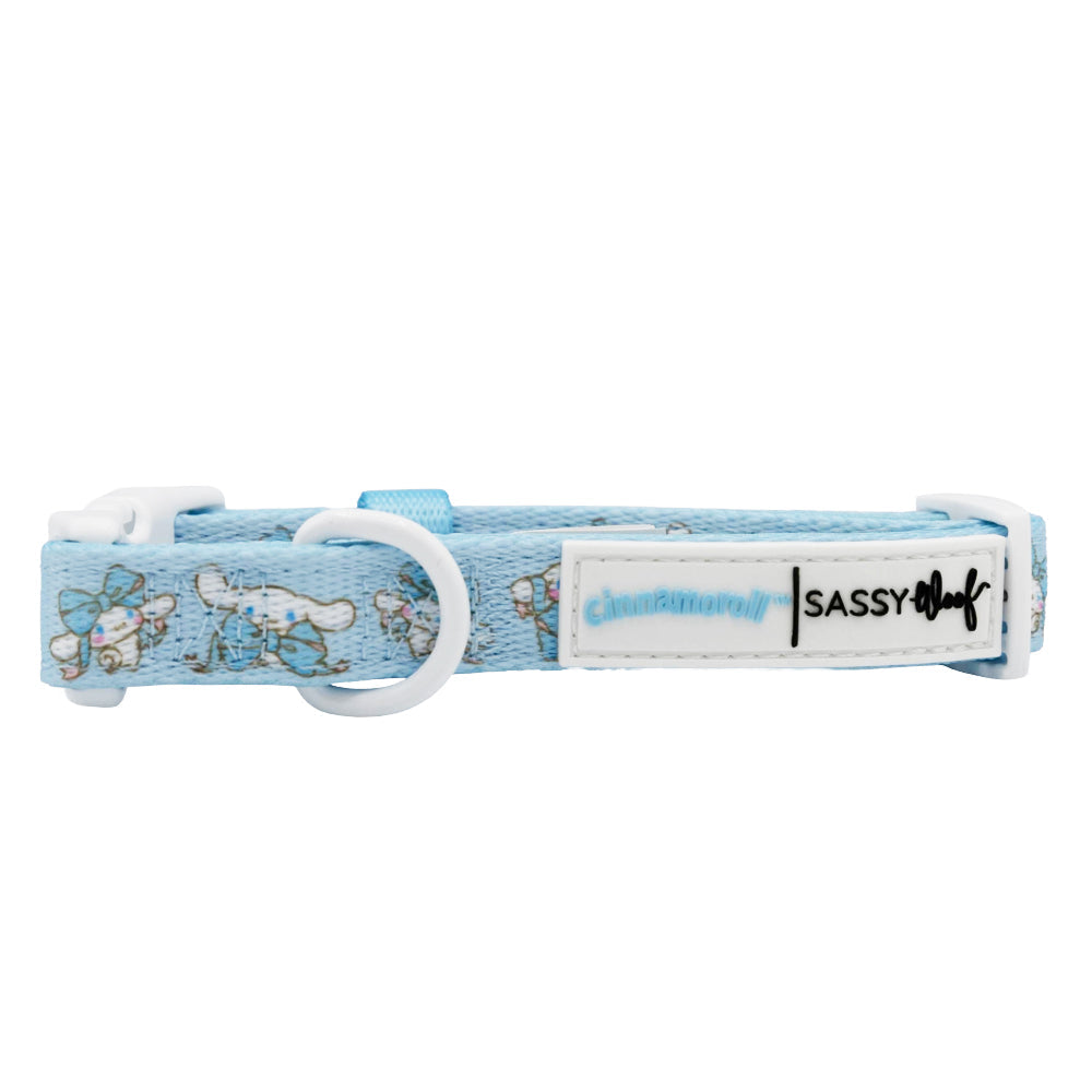 Sassy Woof Cinnamoroll™ dog collar with cute Cinnamoroll character design, adjustable pet collar for small dogs.