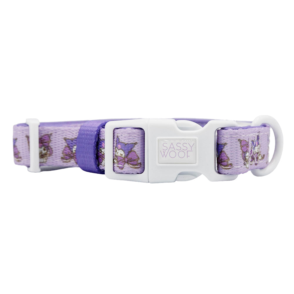 Dog collar featuring Kuromi™ design from Sassy Woof, with colorful patterns and adjustable strap for a comfortable fit.