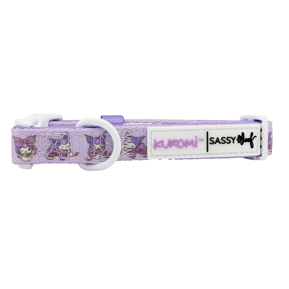 Dog collar featuring Kuromi™ from Sanrio, stylish pet collar by Sassy Woof with playful design and adjustable strap.