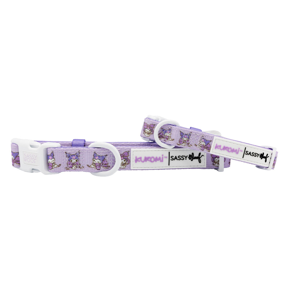Sassy Woof Kuromi™ dog collar with black and pink design featuring Kuromi character and playful details.