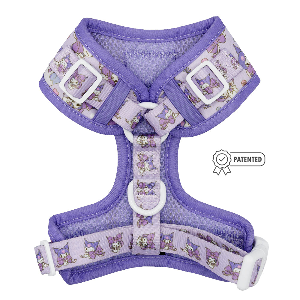 Dog adjustable harness by Sassy Woof featuring Kuromi design, with padded straps and secure buckle for comfortable walking.