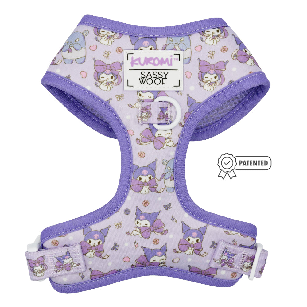 Dog adjustable harness by Sassy Woof featuring Kuromi™ design, with soft straps and secure buckle for comfortable pet walking.