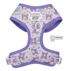 Dog adjustable harness by Sassy Woof featuring Kuromi™ design, with soft straps and secure buckle for comfortable pet walking.