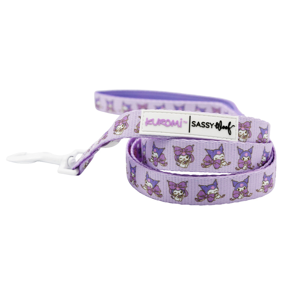 Sassy Woof Kuromi™ dog leash featuring playful black and pink design with cute Kuromi character, suitable for small to medium pets.