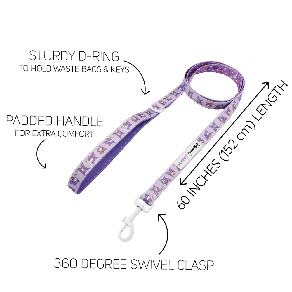 Dog leash featuring Kuromi design by Sassy Woof, with colorful pattern and sturdy handle for pets.
