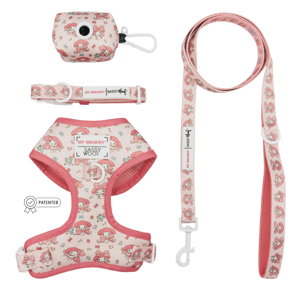 Four-piece dog collar and harness bundle featuring My Melody™ and Hello Kitty designs from Sassy Woof.