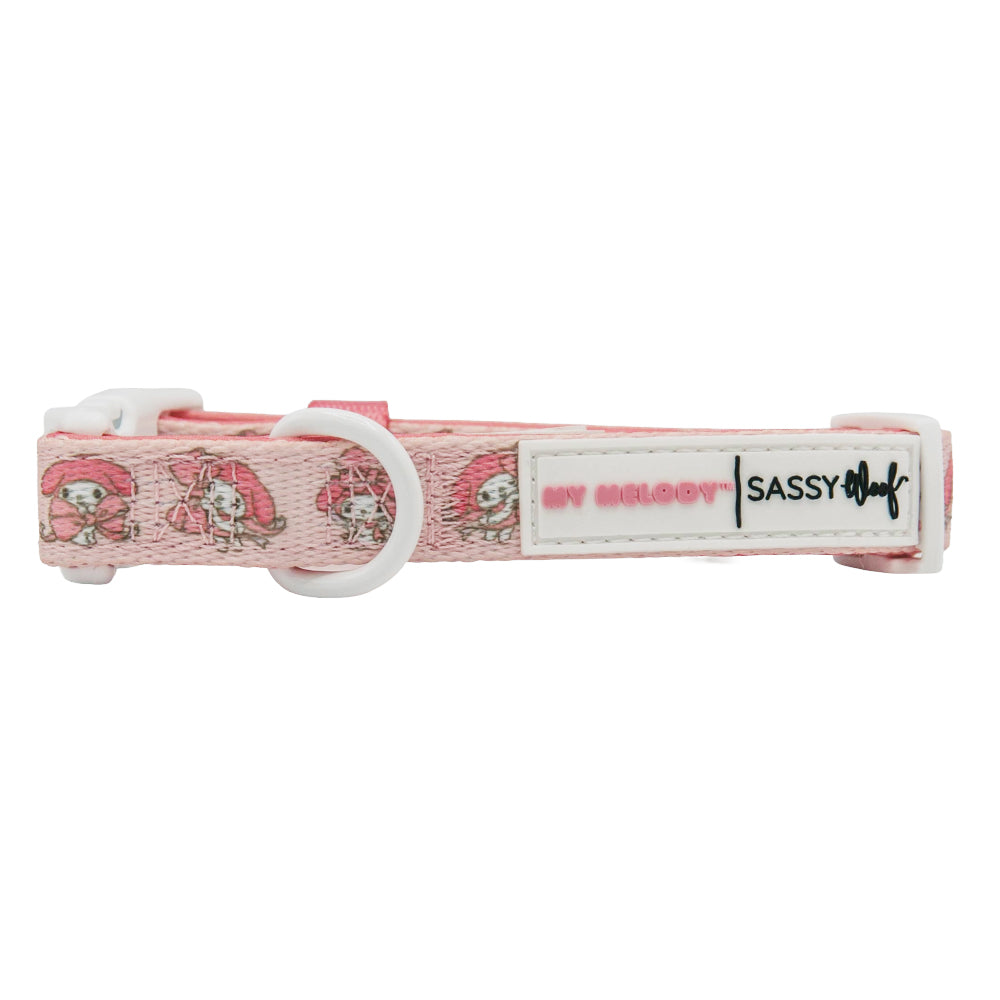Sassy Woof My Melody™ dog collar featuring pink fabric with My Melody and Hello Kitty character designs.