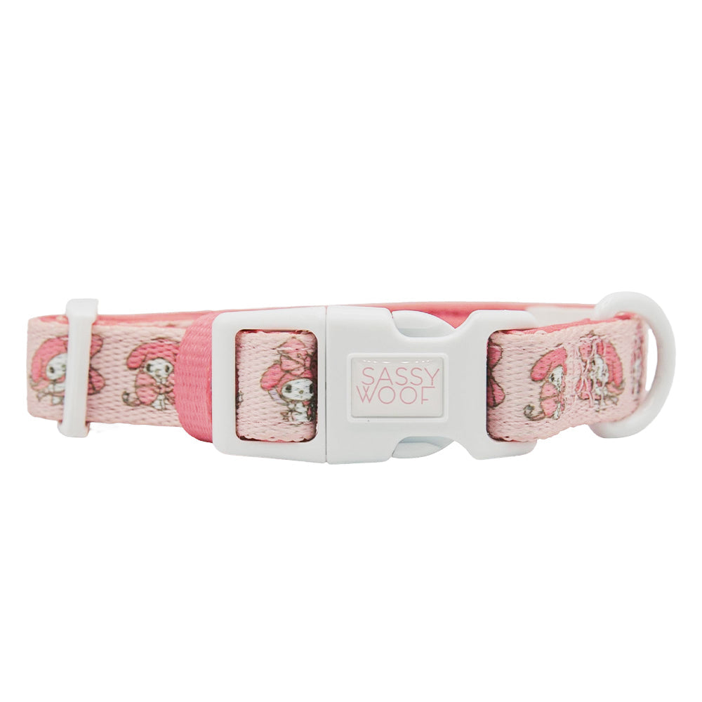 Sassy Woof My Melody dog collar featuring colorful Hello Kitty and My Melody characters on a soft fabric band.