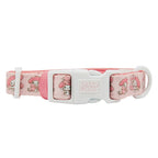 Sassy Woof My Melody dog collar featuring colorful Hello Kitty and My Melody characters on a soft fabric band.