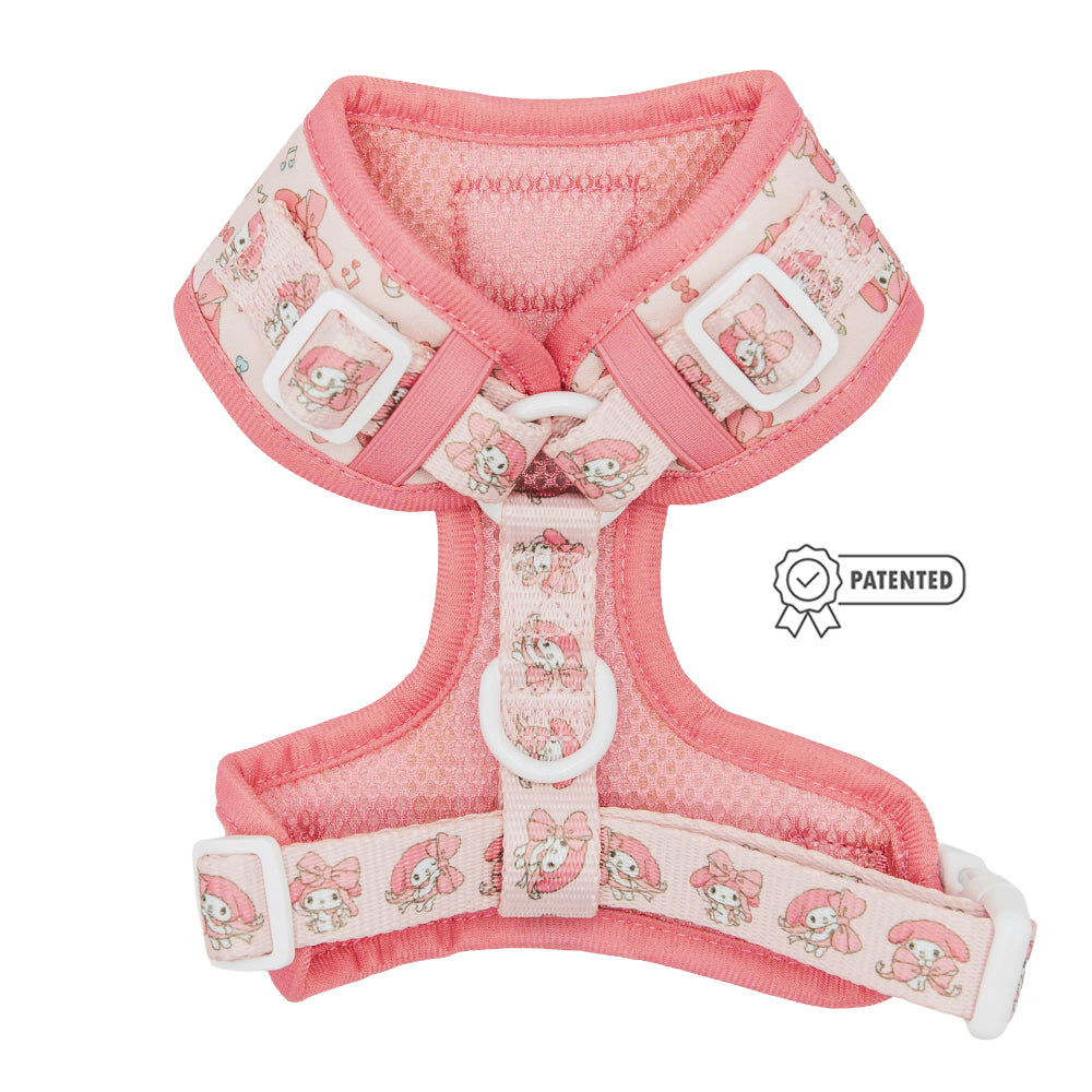 Dog adjustable harness featuring My Melody design from Sanrio, by Sassy Woof, with colorful floral pattern and secure buckle.