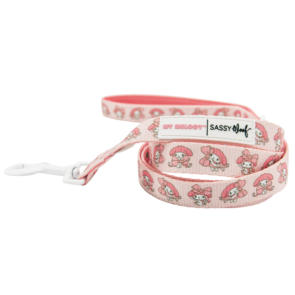 Sassy Woof My Melody pet collar and harness four-piece bundle featuring Hello Kitty and My Melody designs for dogs.