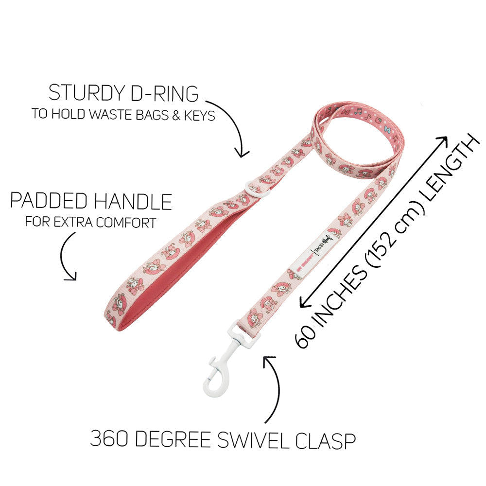 Sassy Woof My Melody dog leash featuring colorful Hello Kitty and My Melody character design on a durable pet leash.