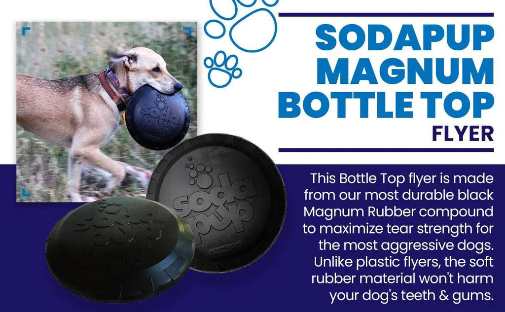 Rubber dog frisbee by SodaPup, large black Magnum bottle top flyer toy for heavy chewers, USA made durable dog toy.