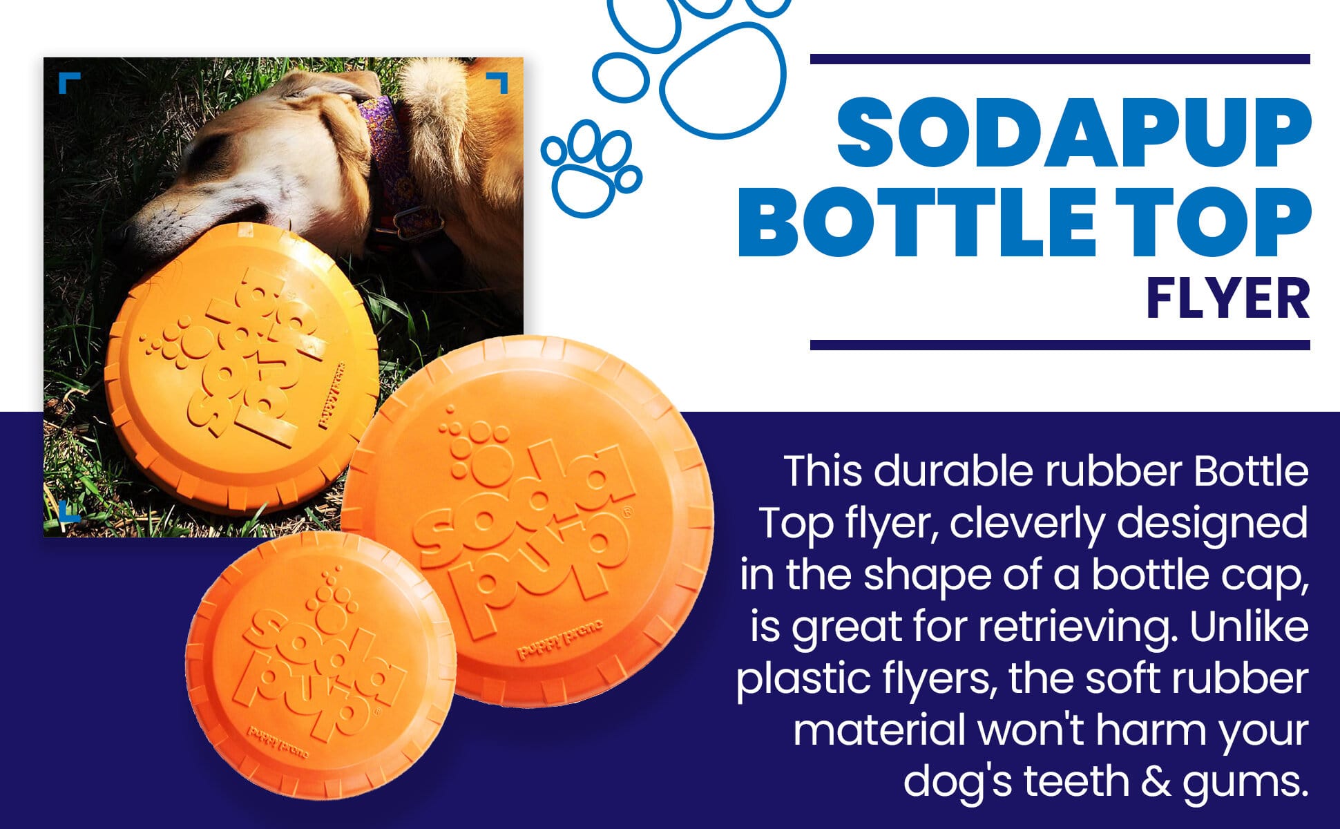 Orange SodaPup rubber frisbee dog toy with bottle top design, vet approved, USA made, perfect for outdoor play and fetch.