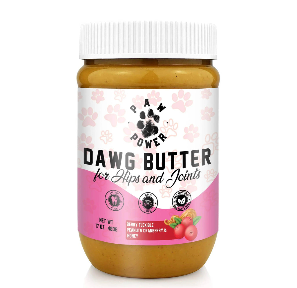 Paw Power Nutrition Dawg Butter Berry flexible supplement for dogs' hips and joints, shown in a mockup image.
