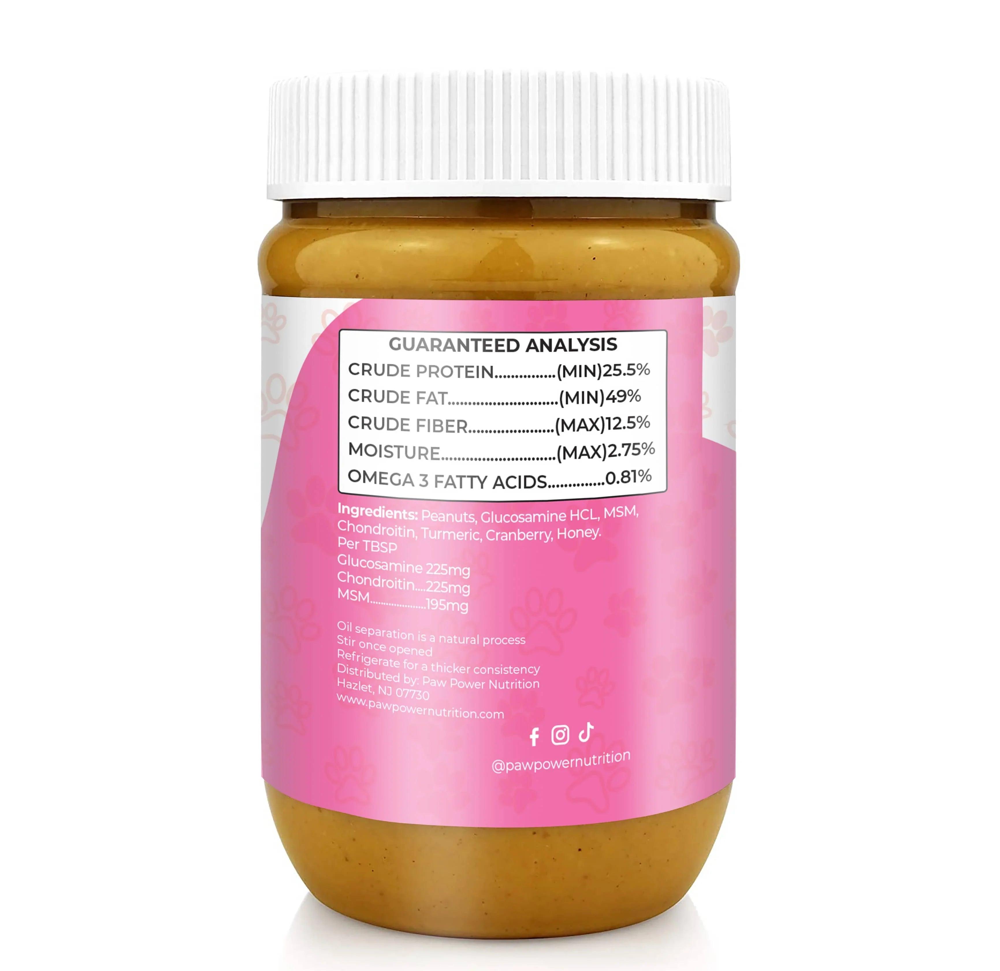 Paw Power Nutrition Dawg Butter Berry Flexible supplement for dog's hips and joints, featuring a bowl of the berry-flavored product.