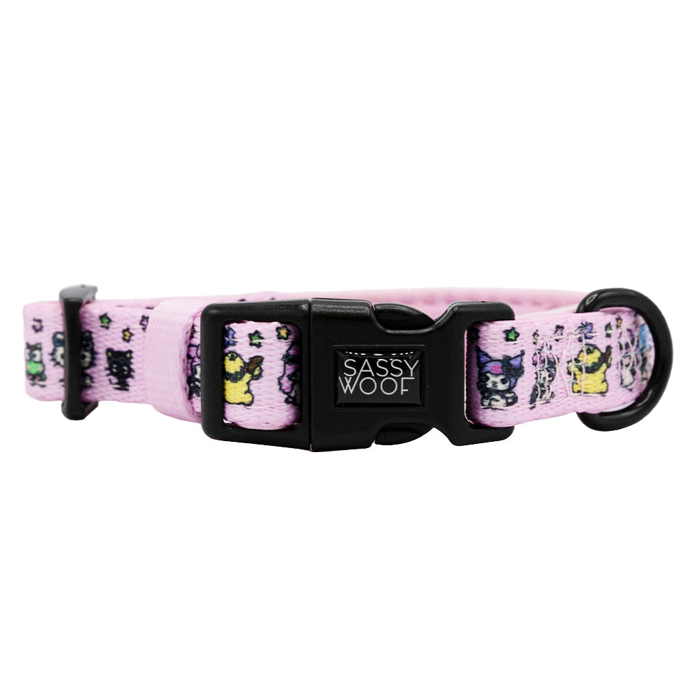 Pink Hello Kitty & Friends Flower Festival dog collar by Sassy Woof, featuring colorful floral patterns and cute character details.