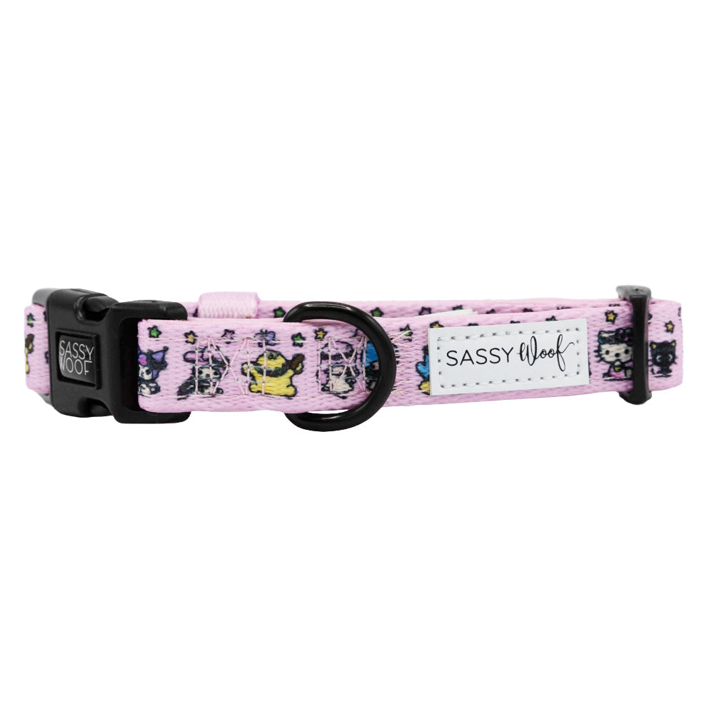 Pink Hello Kitty & Friends flower festival dog collar by Sassy Woof, featuring colorful floral patterns and adorable character accents.