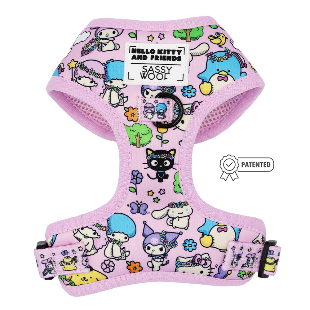 Pink Hello Kitty and Friends pet harness from Sassy Woof, featuring a floral festival design for dogs.