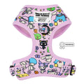 Pink Hello Kitty & Friends flower festival dog adjustable harness by Sassy Woof, featuring colorful floral patterns and secure buckles.