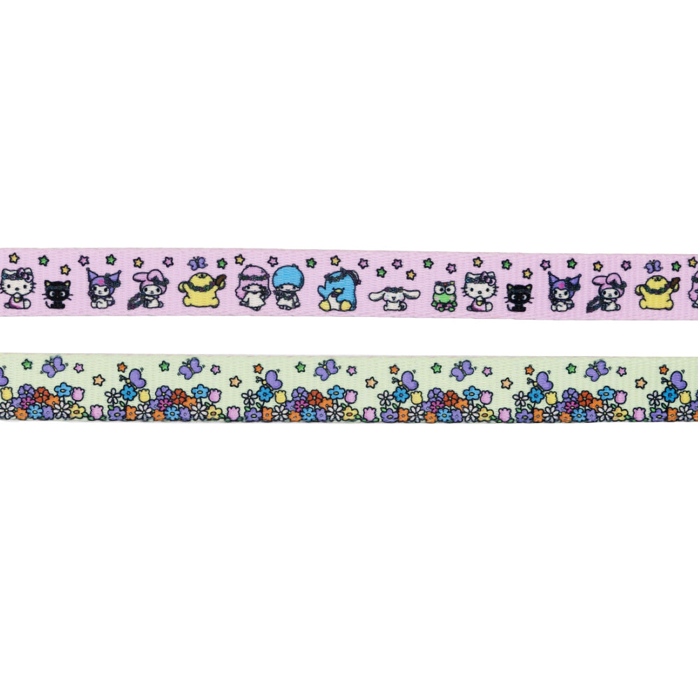 Pink Hello Kitty & Friends flower festival dog leash by Sassy Woof with colorful floral design and adjustable nylon strap.