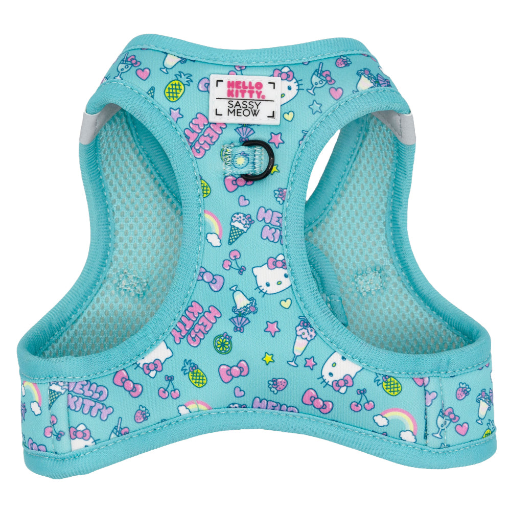Sassy Woof Hello Kitty Aqua cat step-in harness with blue and white design, adjustable straps, and cute Hello Kitty details.