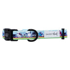 Sassy Woof Hello Kitty® & Friends in the Sky dog collar with colorful character design, adjustable pet collar for small to medium dogs.