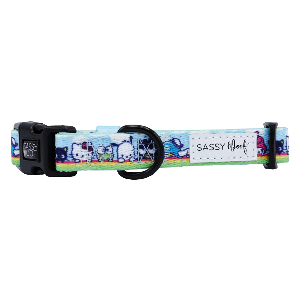 Sassy Woof Hello Kitty® & Friends in the Sky dog collar with colorful character design, adjustable pet collar for small to medium dogs.
