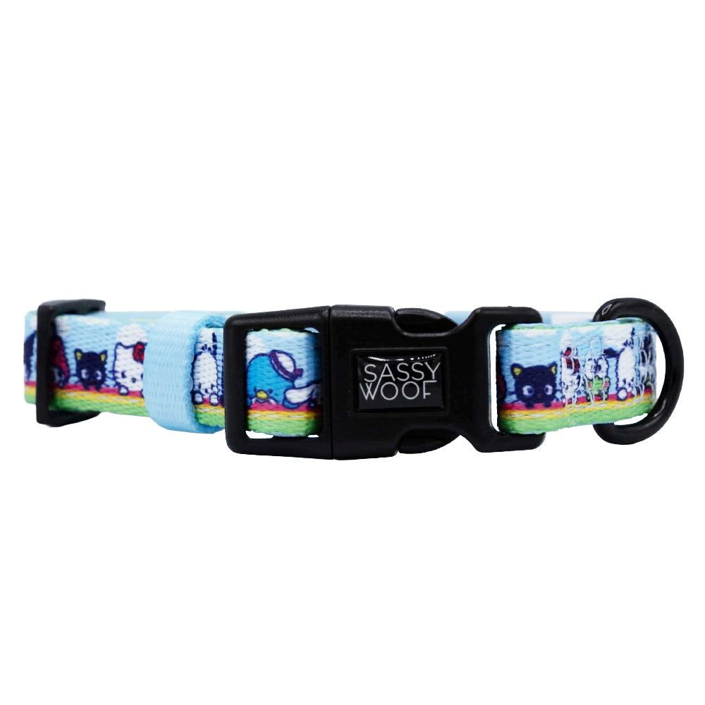 Sassy Woof Hello Kitty and Friends In the Sky dog collar with colorful sky and character design, adjustable pet accessory.