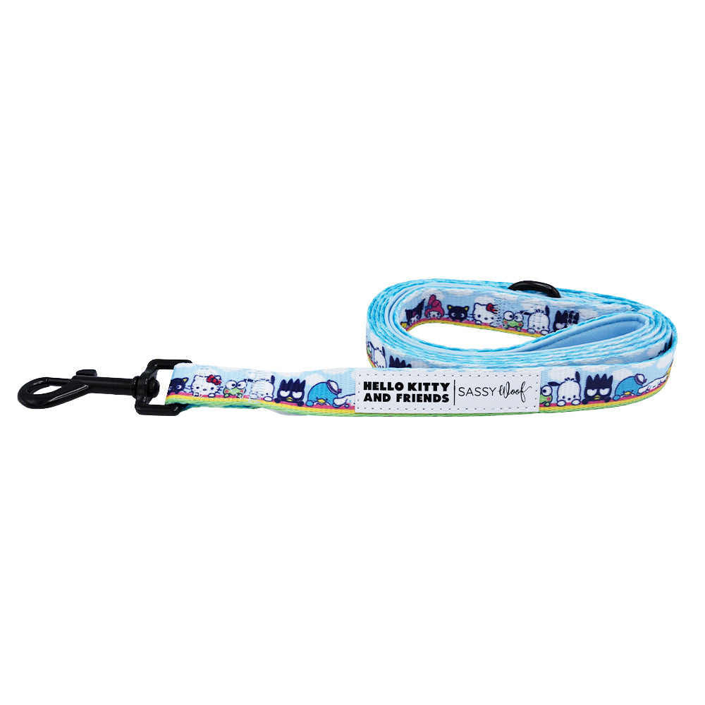 Dog leash featuring Hello Kitty® and friends in the sky by Sassy Woof, with colorful sky and cloud design for pets.
