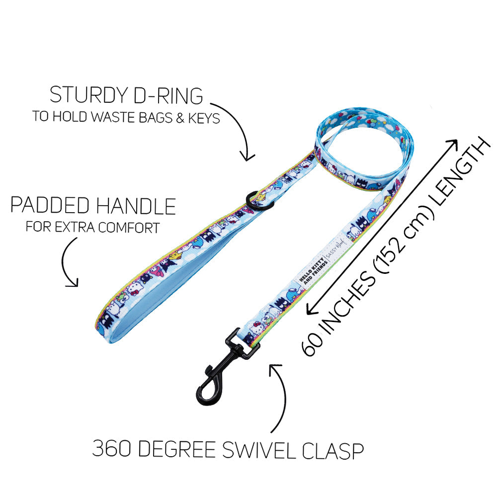 Dog collar and harness set featuring Hello Kitty® and friends in the sky by Sassy Woof, with colorful sky-themed design.