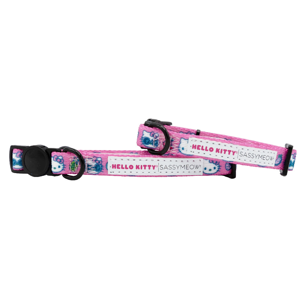 Pink Hello Kitty cat collar by Sassy Woof, featuring a cute Hello Kitty charm and adjustable strap for pets.