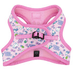 Pink Hello Kitty cat step-in harness by Sassy Woof, featuring a cute Hello Kitty design for comfortable pet wearing.